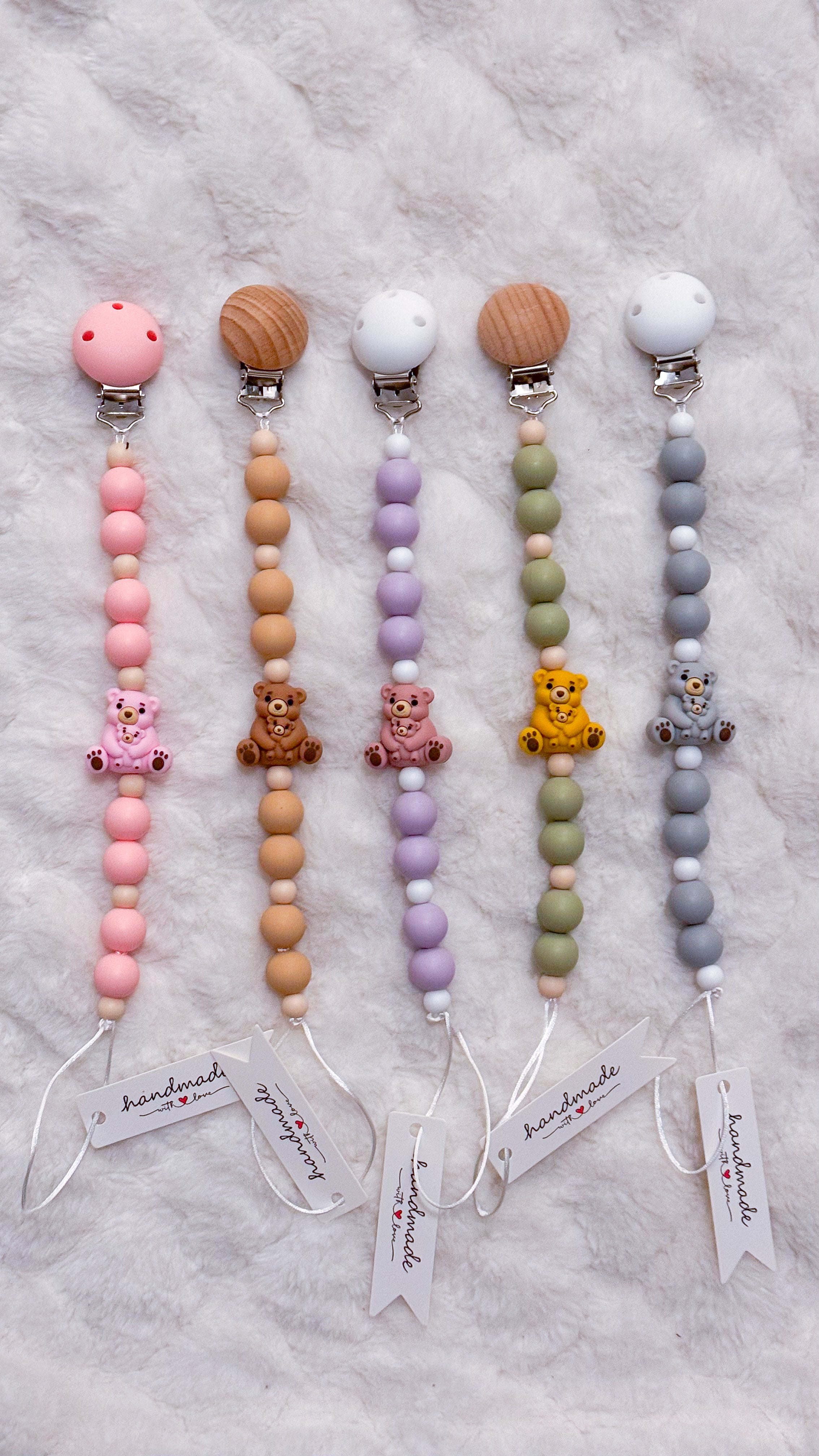 Outseam Pacifier Clip - Teddy Bears in Green — handmade pacifier holder